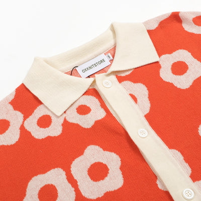 Men's Orange And White Jacquard Design Knitted Short Sleeve Polo Shirt