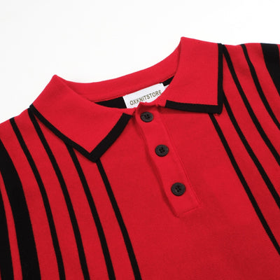 Men's Black Striped Knitted Short Sleeve Red Polo Shirt