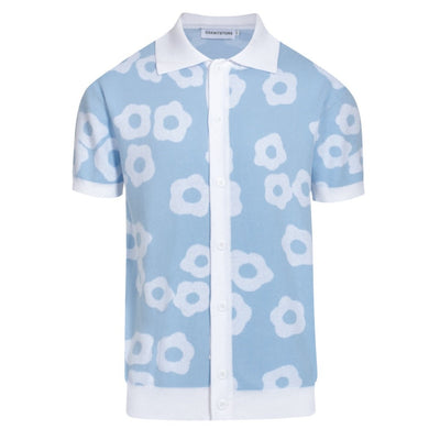 Men's Sky Blue And White Jacquard Design Knitted Short Sleeve Polo Shirt