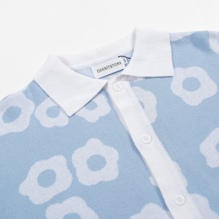 Men's 60s Light Blue Knit Polo Shirt – White Retro Floral Pattern