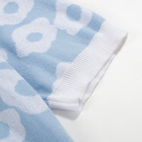 Men's 60s Light Blue Knit Polo Shirt – White Retro Floral Pattern