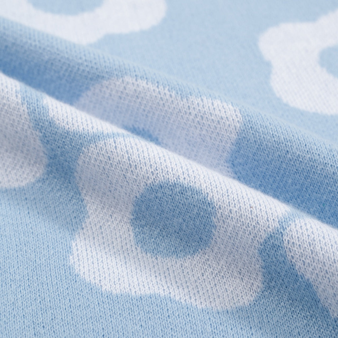 Men's 60s Light Blue Knit Polo Shirt – White Retro Floral Pattern