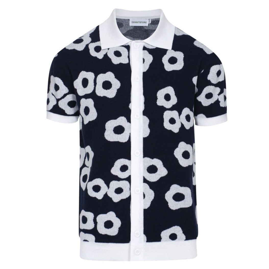 Men's Navy Blue And White Jacquard Design Knitted Short Sleeve Polo Shirt