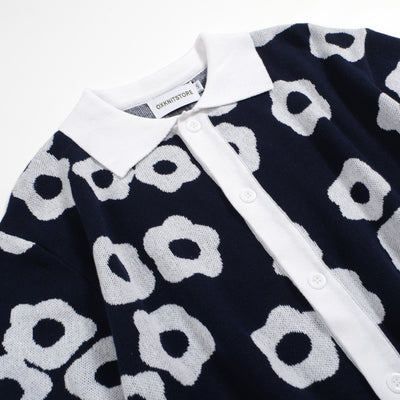 Men's Navy Blue And White Jacquard Design Knitted Short Sleeve Polo Shirt