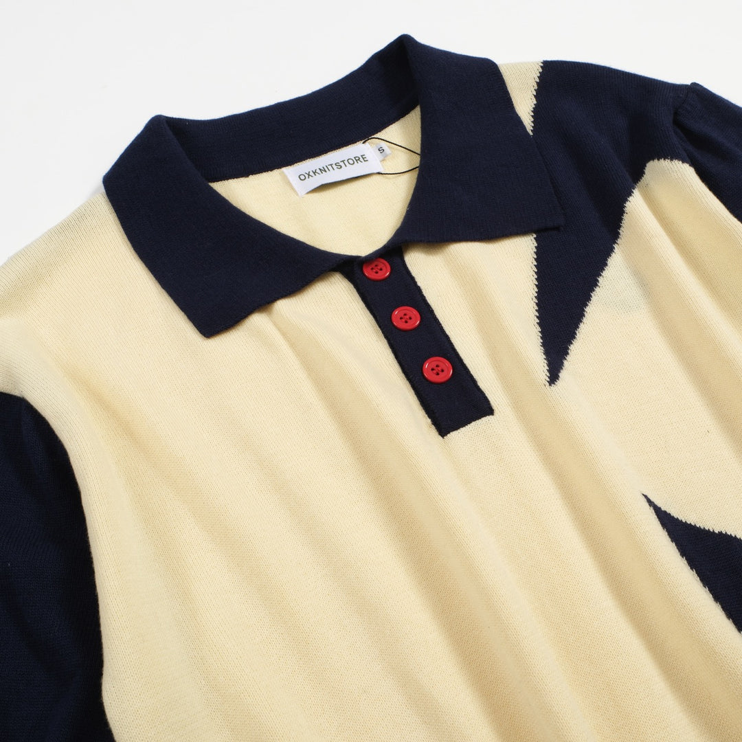Men's 60s Star Print Knit Polo Shirt – Navy & Cream Retro Mod Style