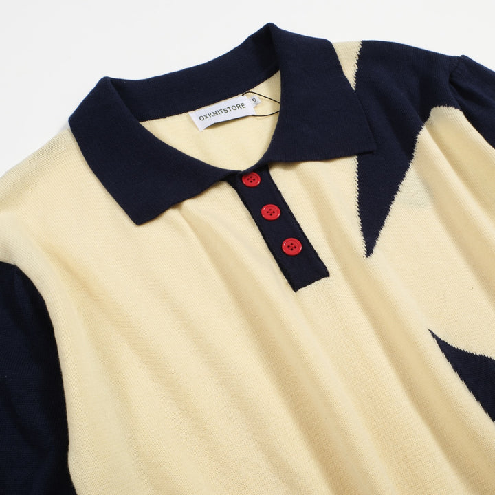 Men's 60s Star Print Knit Polo Shirt – Navy & Cream Retro Mod Style
