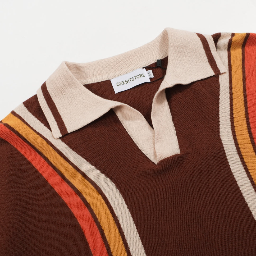 Men's 70s Brown Retro Knit Polo – Sunset Stripe V-Neck