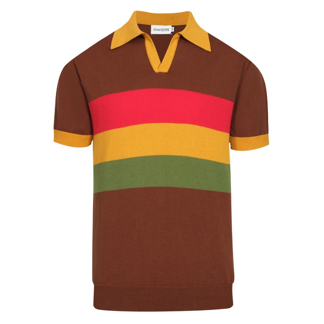Men's Brown Knitted Polo With Yellow Red & Green Stripe