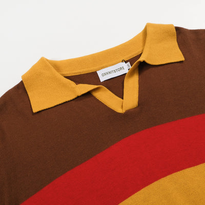 Men's Brown Knitted Polo With Yellow Red & Green Stripe