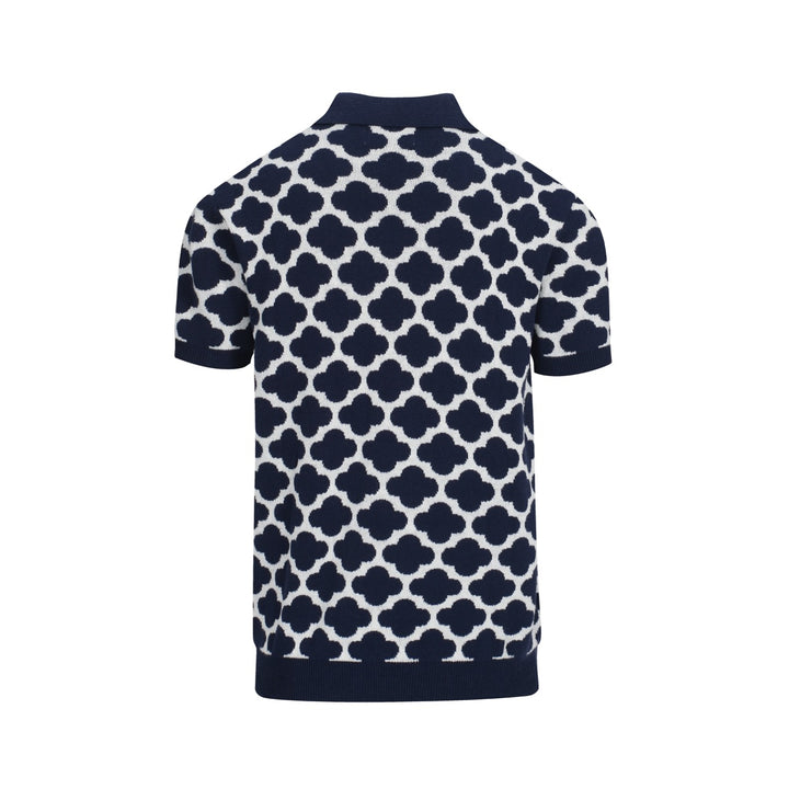 Men's 60s Navy Mod Knit Shirt – Geometric Flower Jacquard Polo