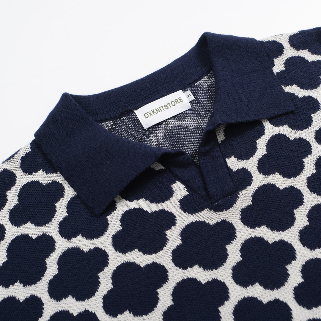 Men's 60s Navy Mod Knit Shirt – Geometric Flower Jacquard Polo