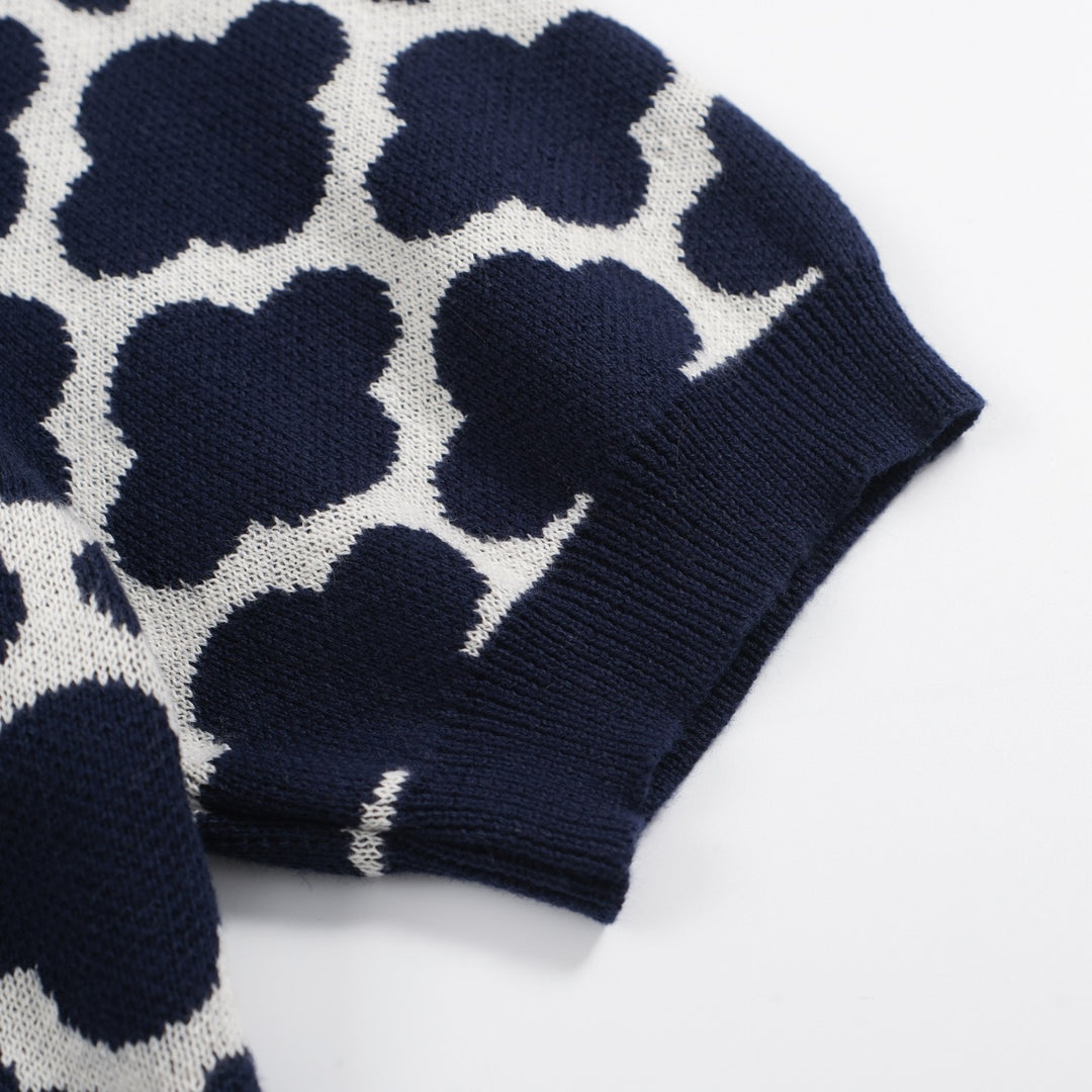 Men's 60s Navy Mod Knit Shirt – Geometric Flower Jacquard Polo
