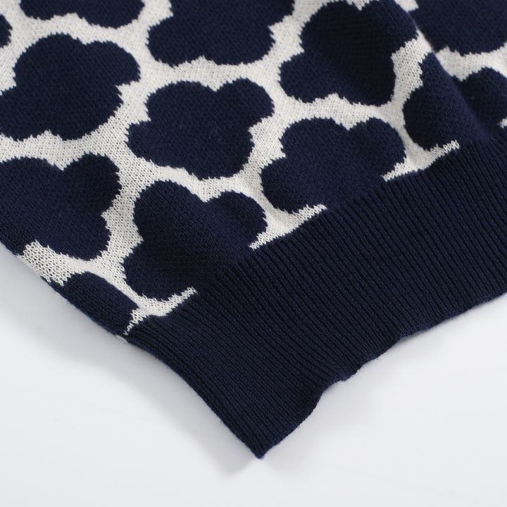 Men's 60s Navy Mod Knit Shirt – Geometric Flower Jacquard Polo