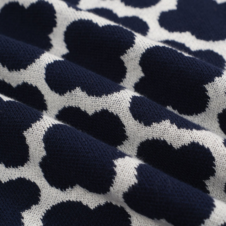 Men's 60s Navy Mod Knit Shirt – Geometric Flower Jacquard Polo
