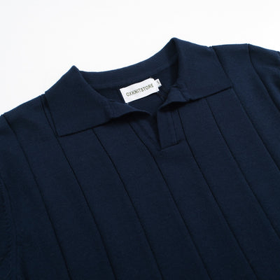 Men's Navy Blue Solid Color V-Neck Knitted Short-Sleeved Top
