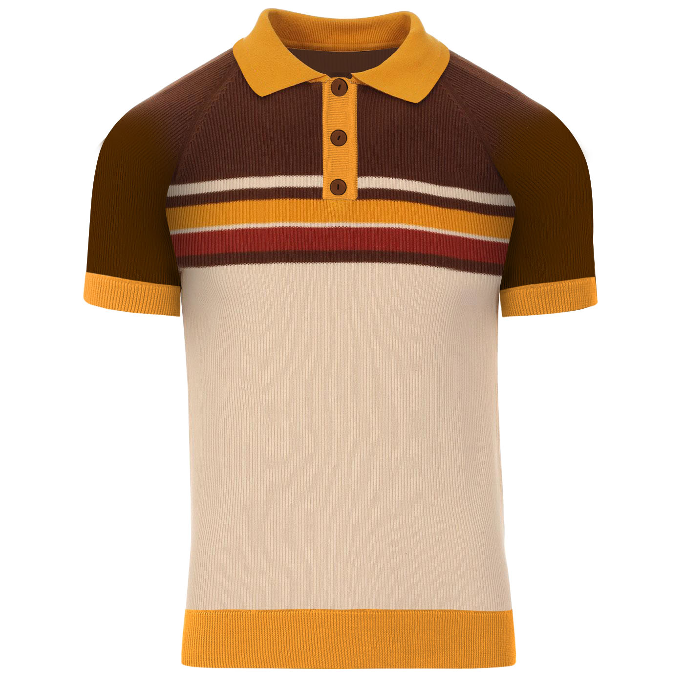 Men's Brown & Yellow Stripes Knit Short Sleeve Polo Shirt