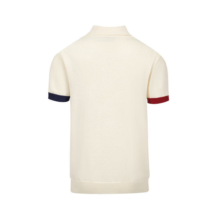 Men’s Vintage 1970s Knit Polo Shirt – Retro Cream with Red & Navy Side Stripes