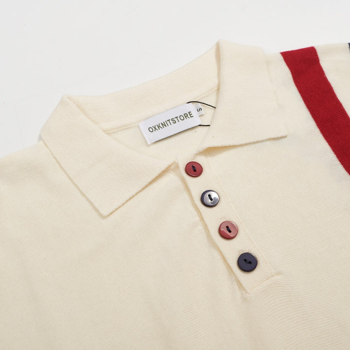 Men’s Vintage 1970s Knit Polo Shirt – Retro Cream with Red & Navy Side Stripes