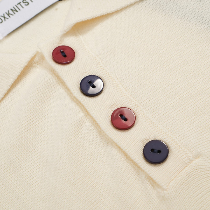 Men’s Vintage 1970s Knit Polo Shirt – Retro Cream with Red & Navy Side Stripes