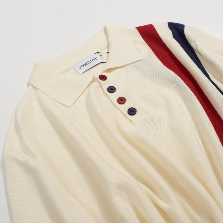 Men’s Vintage 1970s Knit Polo Shirt – Retro Cream with Red & Navy Side Stripes