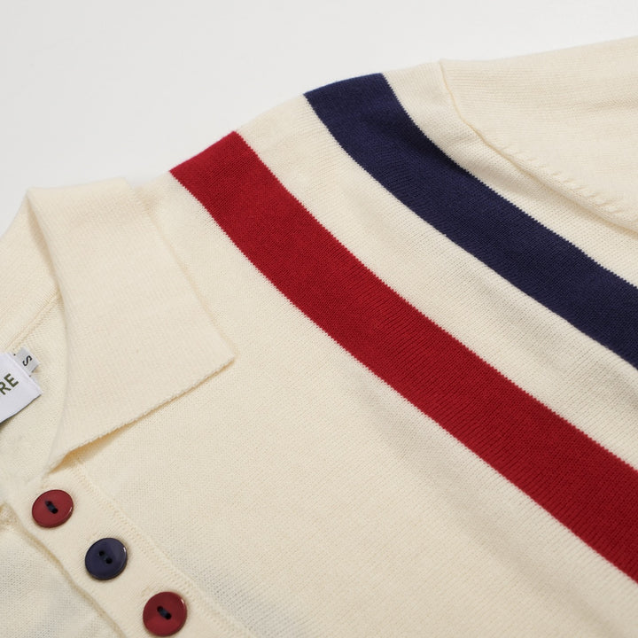 Men’s Vintage 1970s Knit Polo Shirt – Retro Cream with Red & Navy Side Stripes
