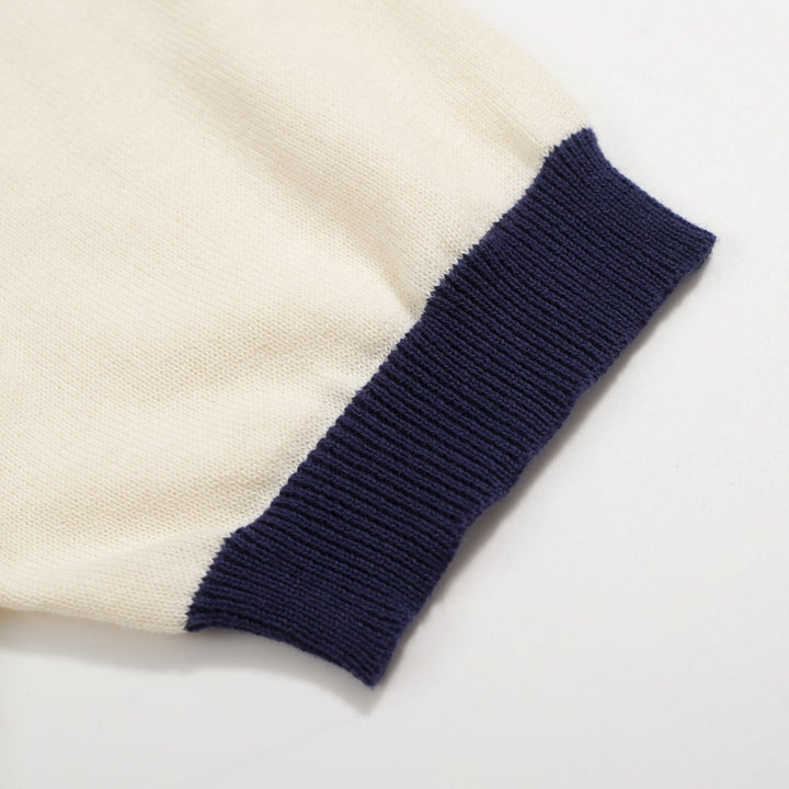 Men’s Vintage 1970s Knit Polo Shirt – Retro Cream with Red & Navy Side Stripes