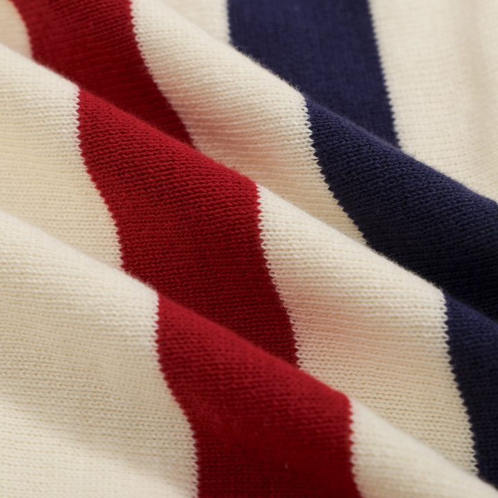 Men’s Vintage 1970s Knit Polo Shirt – Retro Cream with Red & Navy Side Stripes