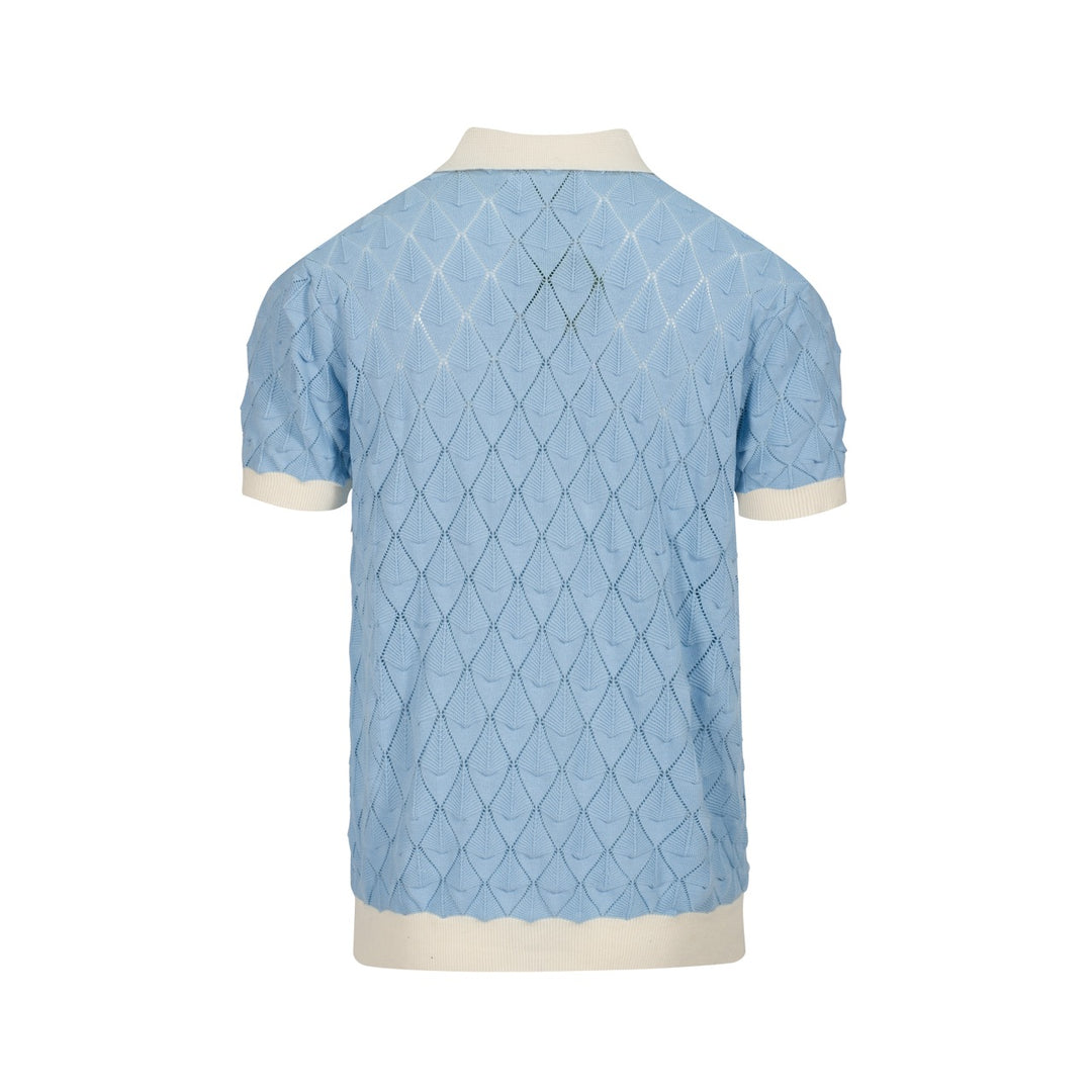 Men’s Vintage 1970s Knit Shirt – Retro Sky Blue Button-Up with Cream Trim