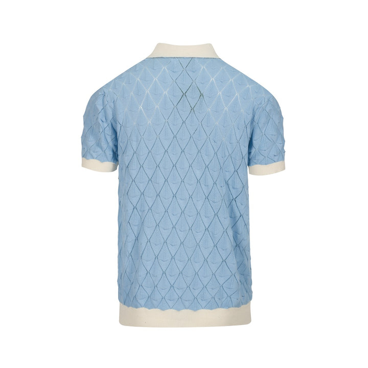 Men’s Vintage 1970s Knit Shirt – Retro Sky Blue Button-Up with Cream Trim