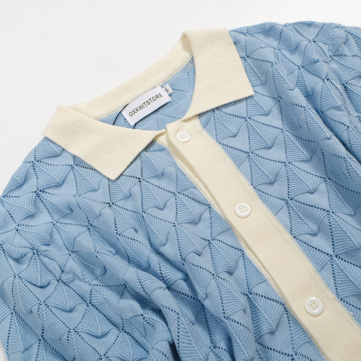 Men’s Vintage 1970s Knit Shirt – Retro Sky Blue Button-Up with Cream Trim