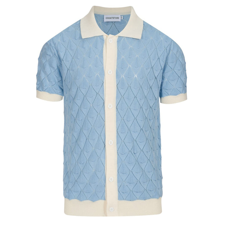 Men’s Vintage 1970s Knit Shirt – Retro Sky Blue Button-Up with Cream Trim