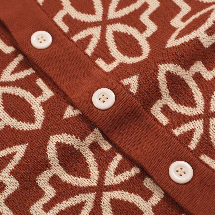 Men's 70s Floral Jacquard Knit Cardigan – Brown Button-Up with Retro Collar