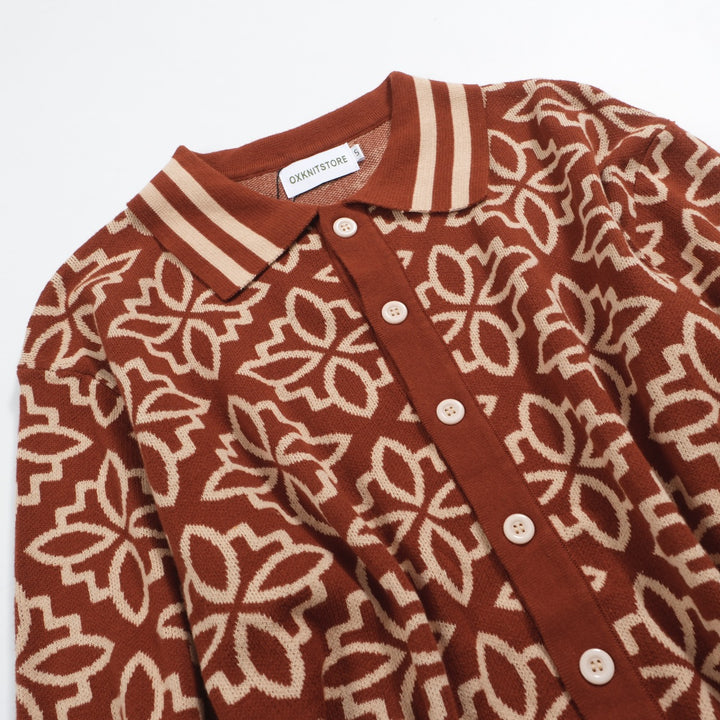 Men's 70s Floral Jacquard Knit Cardigan – Brown Button-Up with Retro Collar