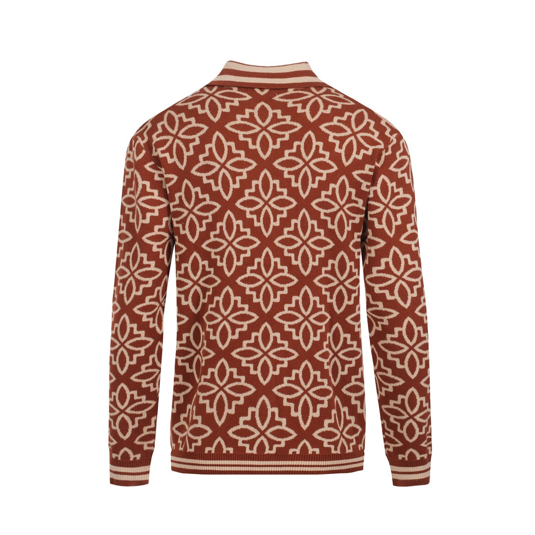 Men's 70s Floral Jacquard Knit Cardigan – Brown Button-Up with Retro Collar