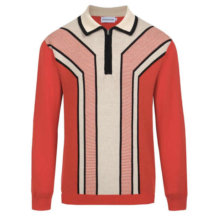Men's Retro Zip Knit Polo – Long Sleeve Red & Cream Graphic Sweater