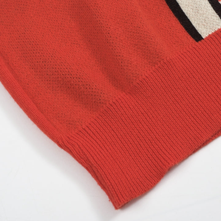 Men's Retro Zip Knit Polo – Long Sleeve Red & Cream Graphic Sweater