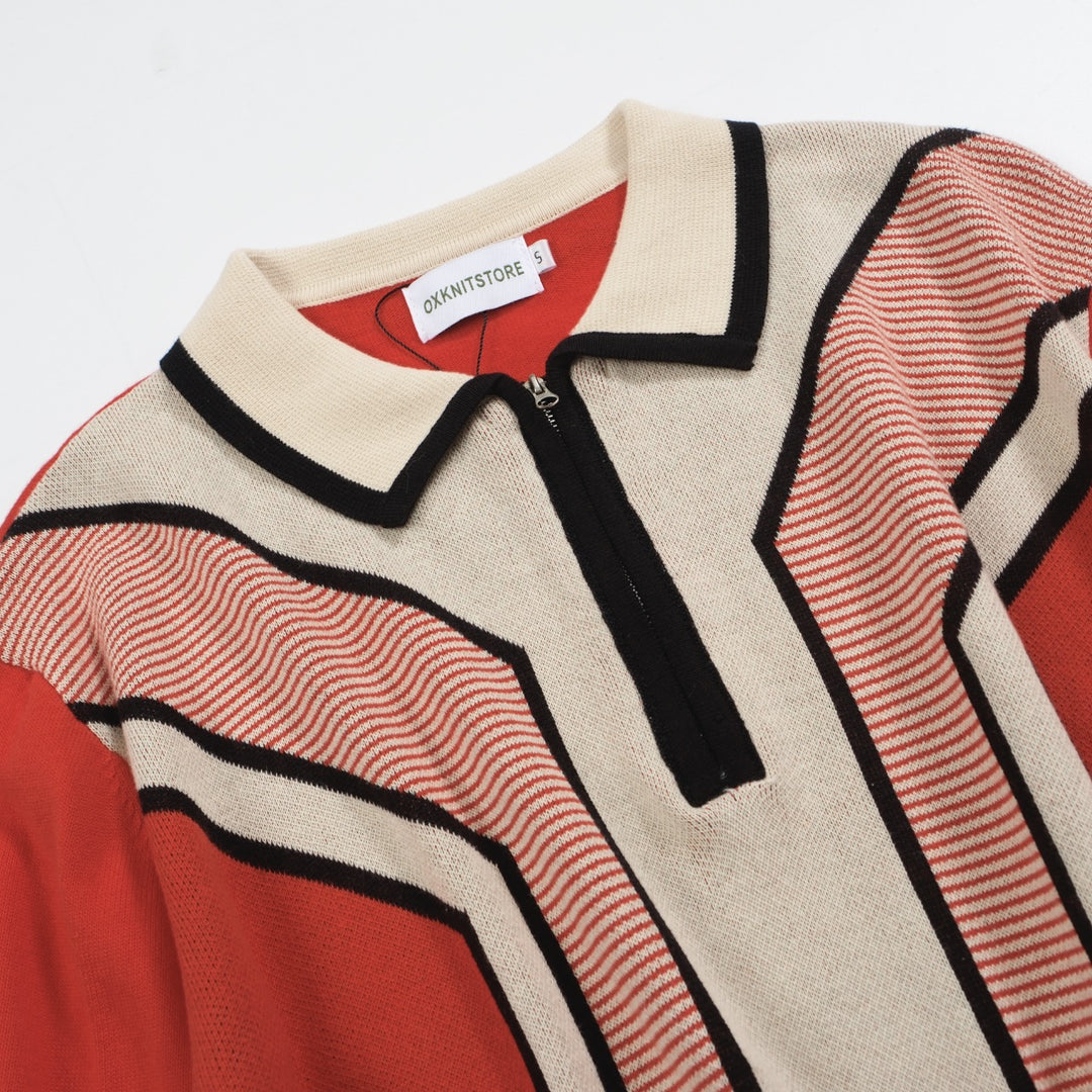 Men's Retro Zip Knit Polo – Long Sleeve Red & Cream Graphic Sweater