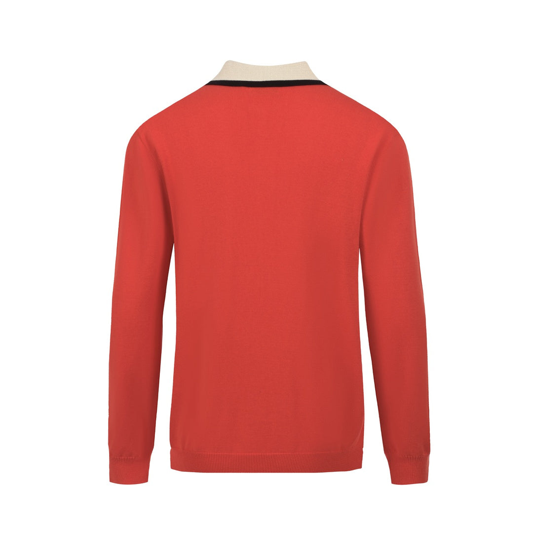 Men's Retro Zip Knit Polo – Long Sleeve Red & Cream Graphic Sweater