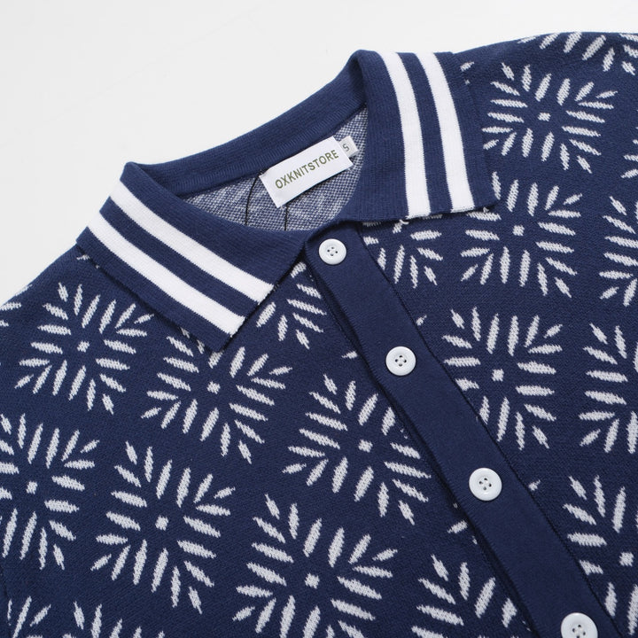 Men's Vintage Knit Cardigan – Navy Snowflake Pattern with Retro Stripe Trim