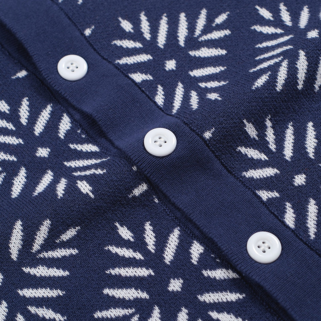 Men's Vintage Knit Cardigan – Navy Snowflake Pattern with Retro Stripe Trim