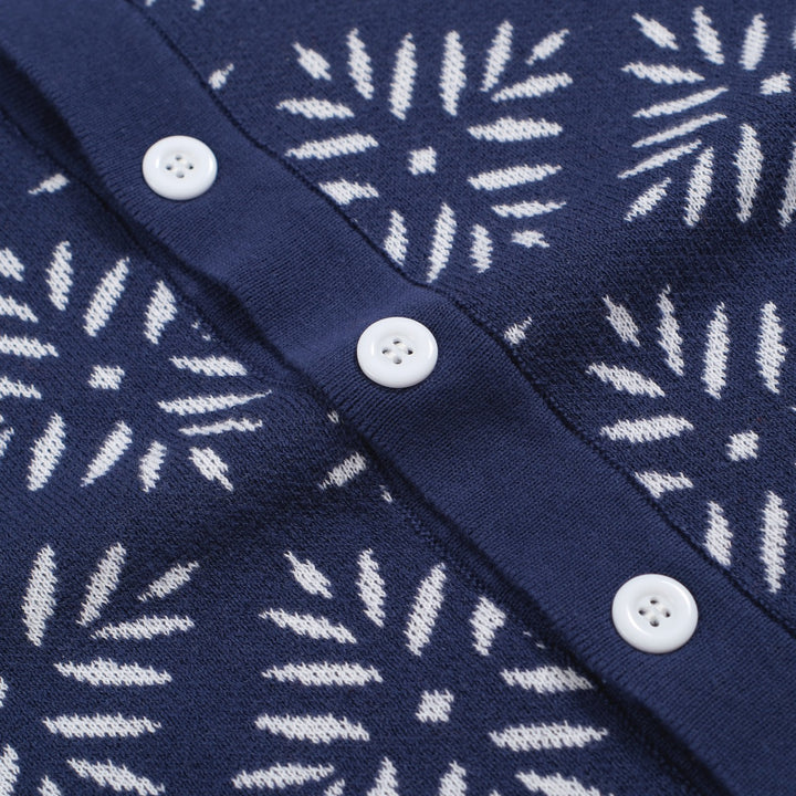 Men's Vintage Knit Cardigan – Navy Snowflake Pattern with Retro Stripe Trim