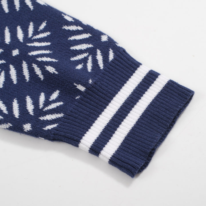 Men's Vintage Knit Cardigan – Navy Snowflake Pattern with Retro Stripe Trim