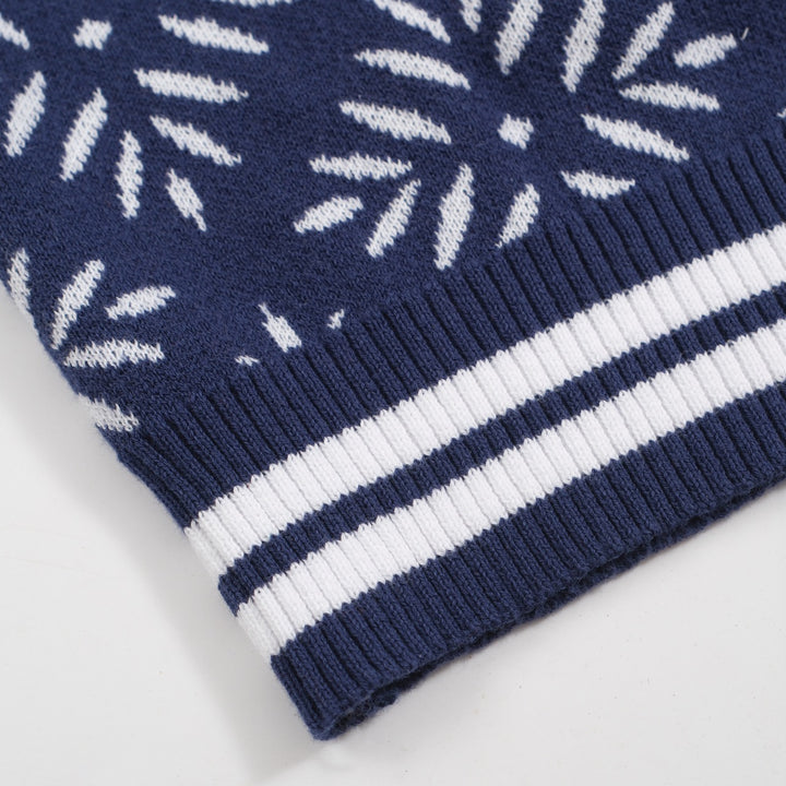Men's Vintage Knit Cardigan – Navy Snowflake Pattern with Retro Stripe Trim