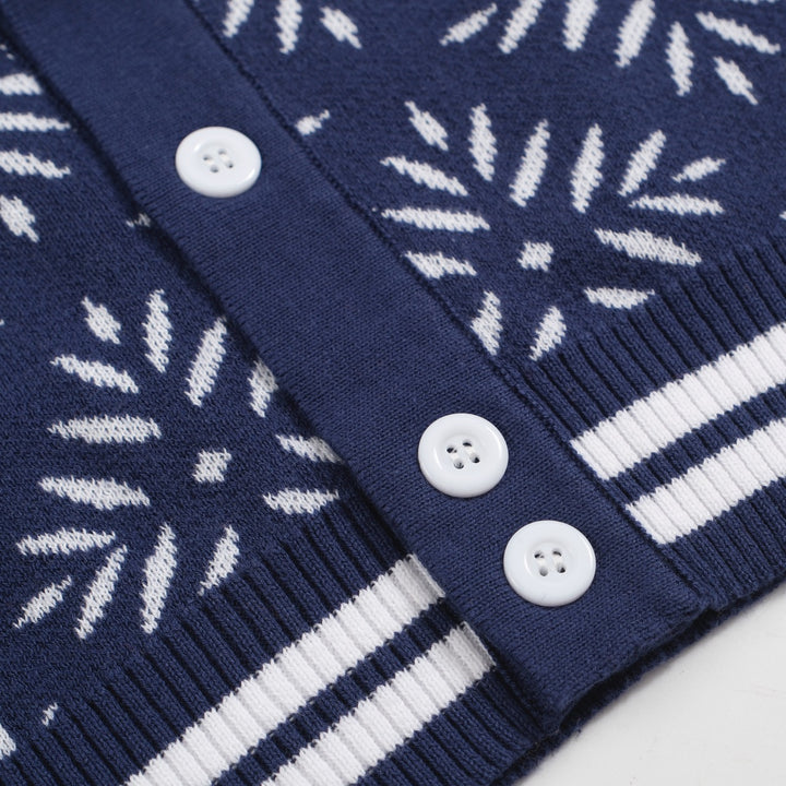 Men's Vintage Knit Cardigan – Navy Snowflake Pattern with Retro Stripe Trim