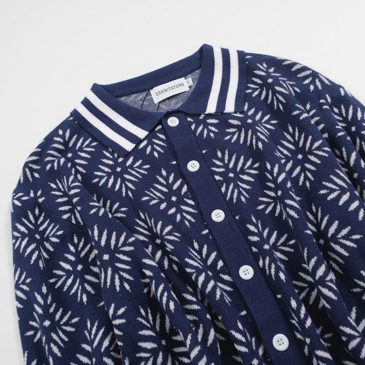 Men's Vintage Knit Cardigan – Navy Snowflake Pattern with Retro Stripe Trim