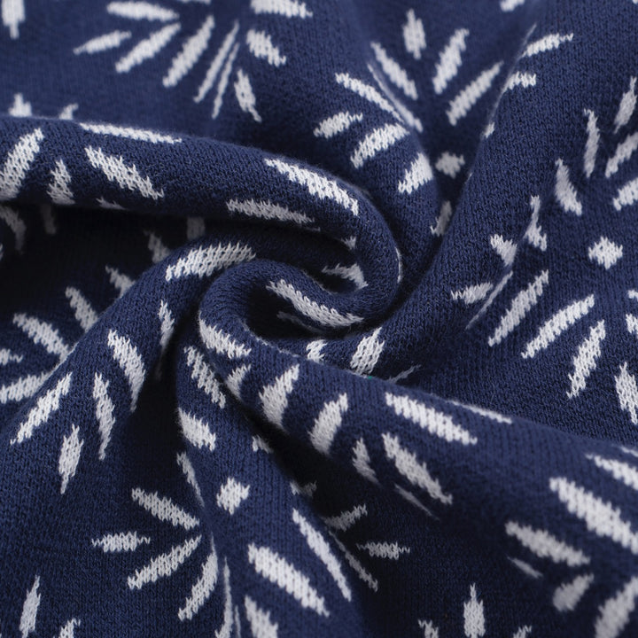 Men's Vintage Knit Cardigan – Navy Snowflake Pattern with Retro Stripe Trim