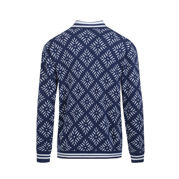 Men's Vintage Knit Cardigan – Navy Snowflake Pattern with Retro Stripe Trim