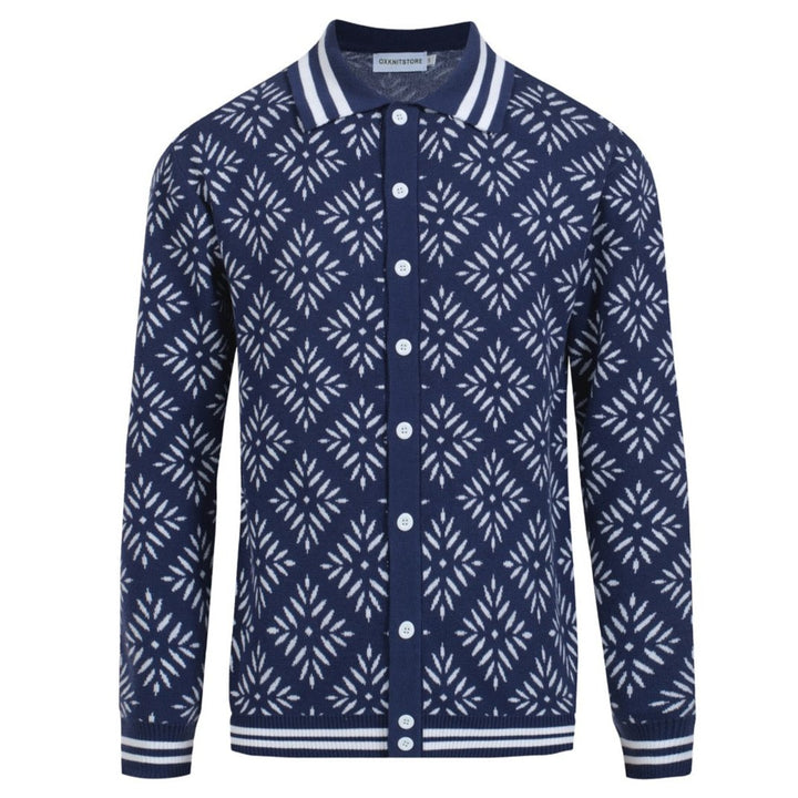 Men's Vintage Knit Cardigan – Navy Snowflake Pattern with Retro Stripe Trim