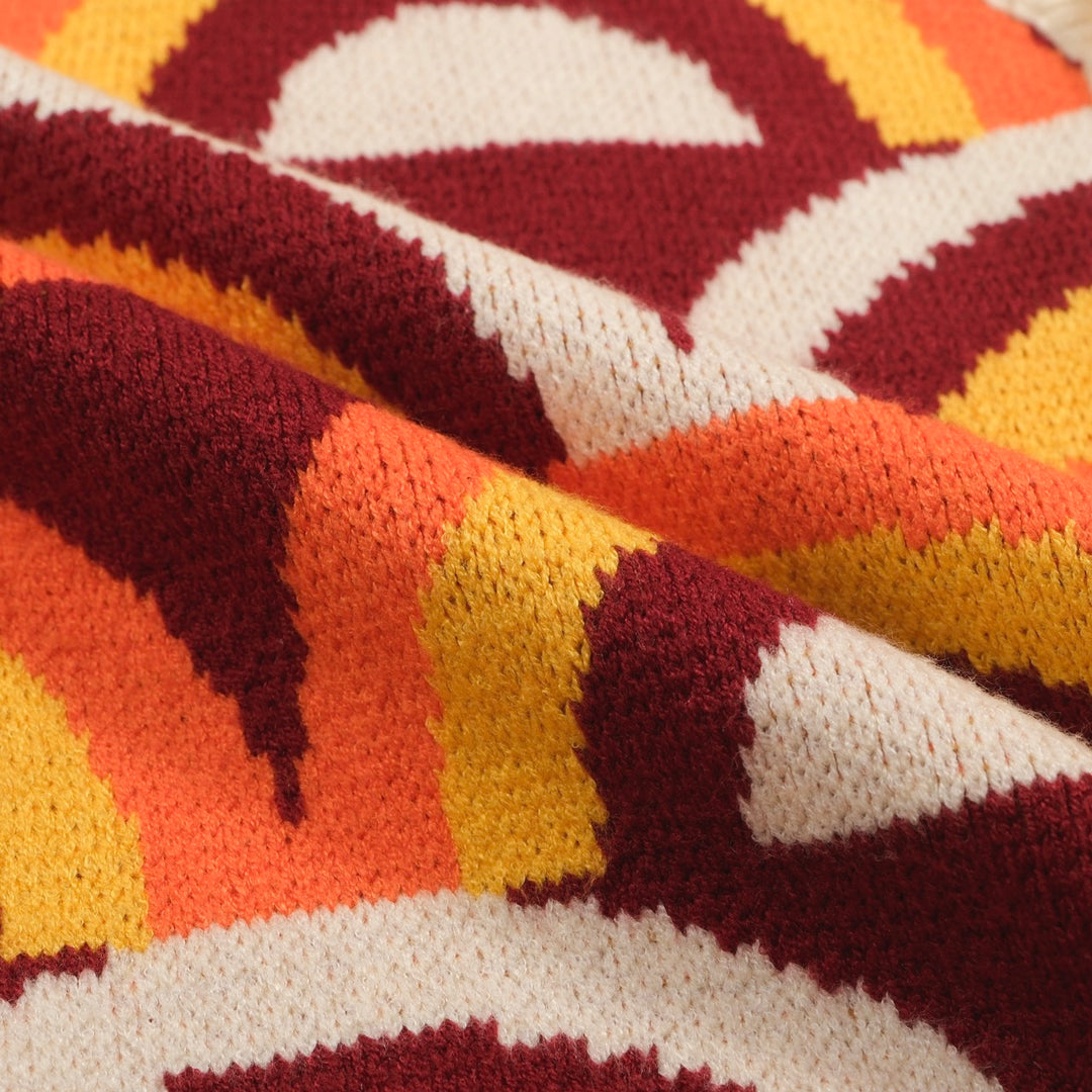 Men's Retro Rainbow Arch Knit Cardigan – Burgundy & Sunset Tones