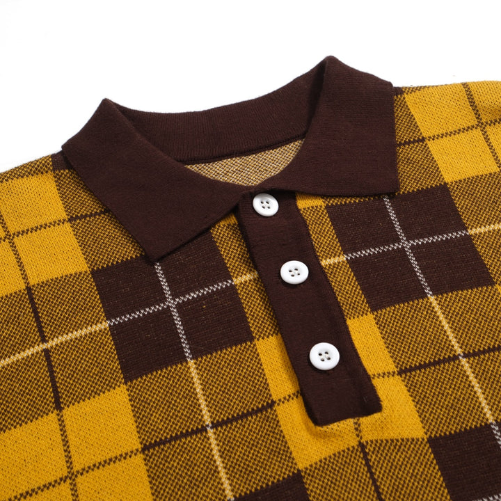 Men's 70s Yellow Plaid Knit Polo Shirt – Retro Long Sleeve Mod Top